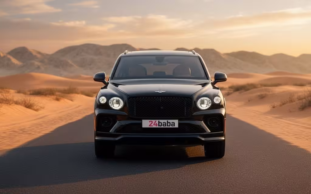 Bentley Bentayga 2023 Black front view with headlights – rental in Dubai