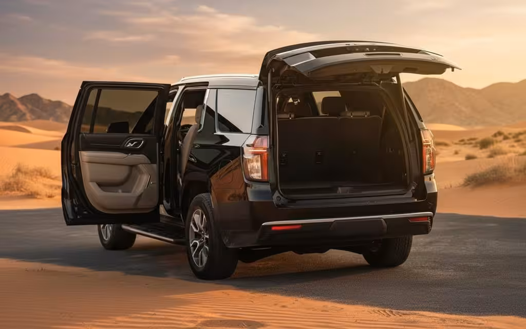 Chevrolet Tahoe 2023 Black parked outdoor scene – rental in Dubai