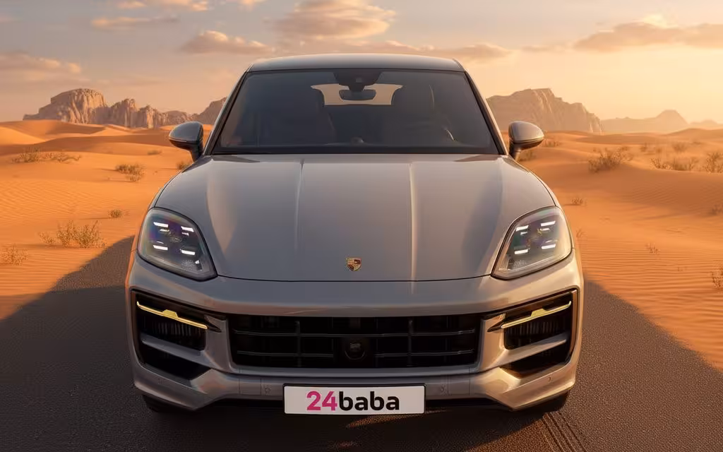 Porsche Cayenne 2024 Grey front view with headlights – rental in Dubai