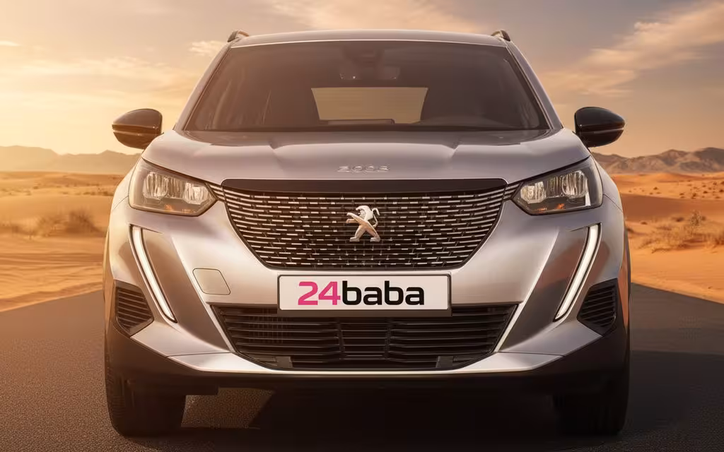 Peugeot 2008 2023 Grey front view with headlights – rental in Dubai