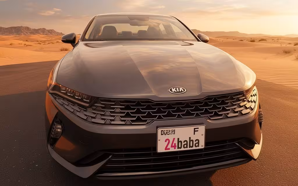 Kia K5 2022 Black front view with headlights – rental in Dubai