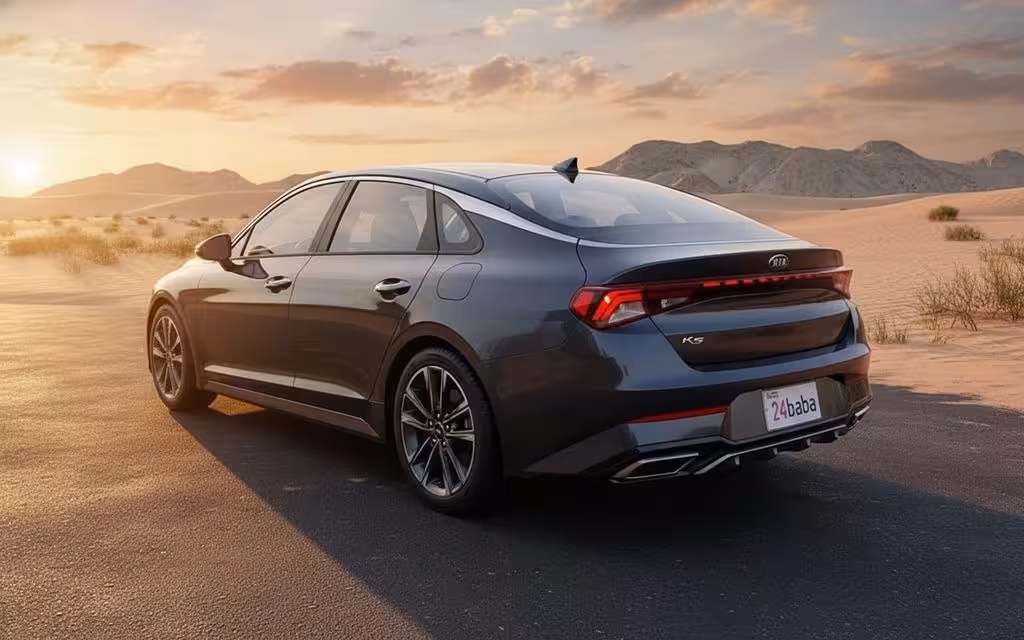 Kia K5 2022 Black rear view showing taillights – rental in Dubai