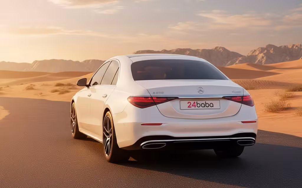Mercedes S500 2021 White rear view showing taillights – rental in Dubai