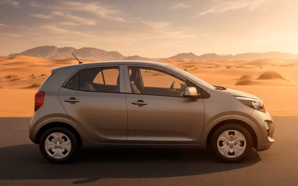 Kia Picanto 2025 Grey side profile – rental in Dubai