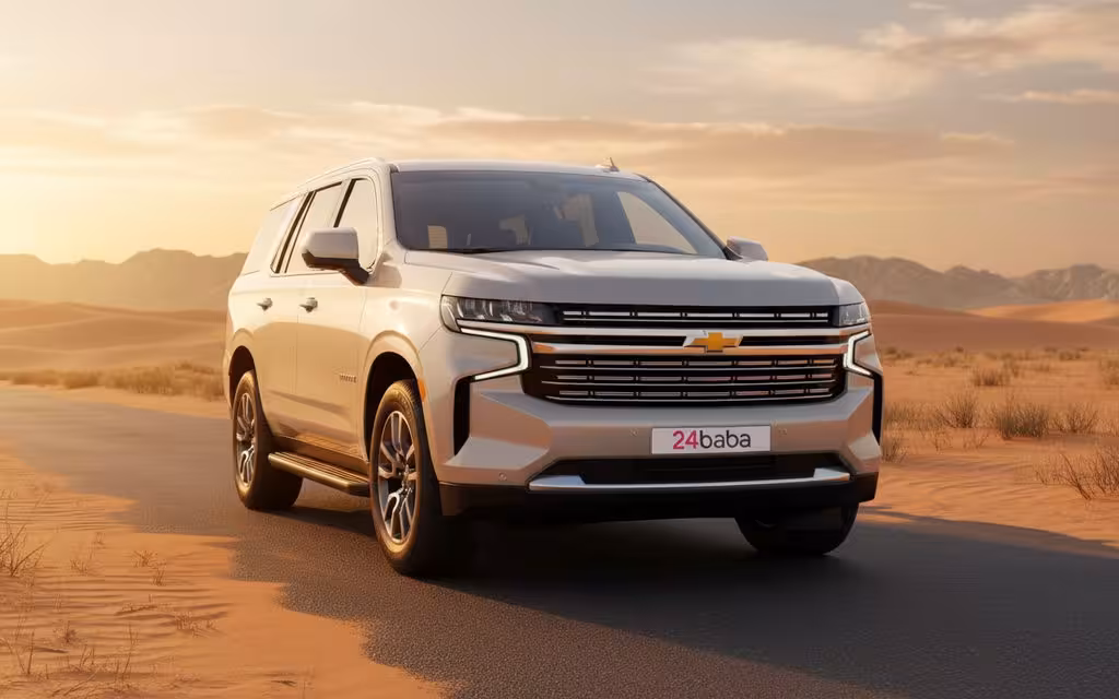 Chevrolet Tahoe 2021 Grey front view with headlights – rental in Dubai
