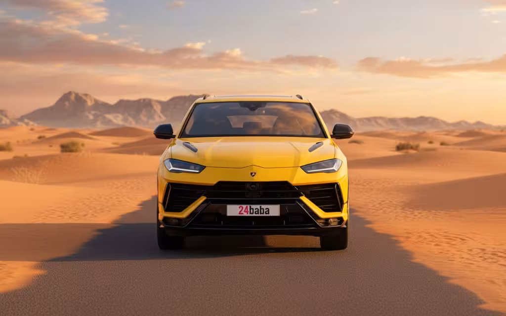 Lamborghini Urus 2024 Yellow front view with headlights – rental in Dubai