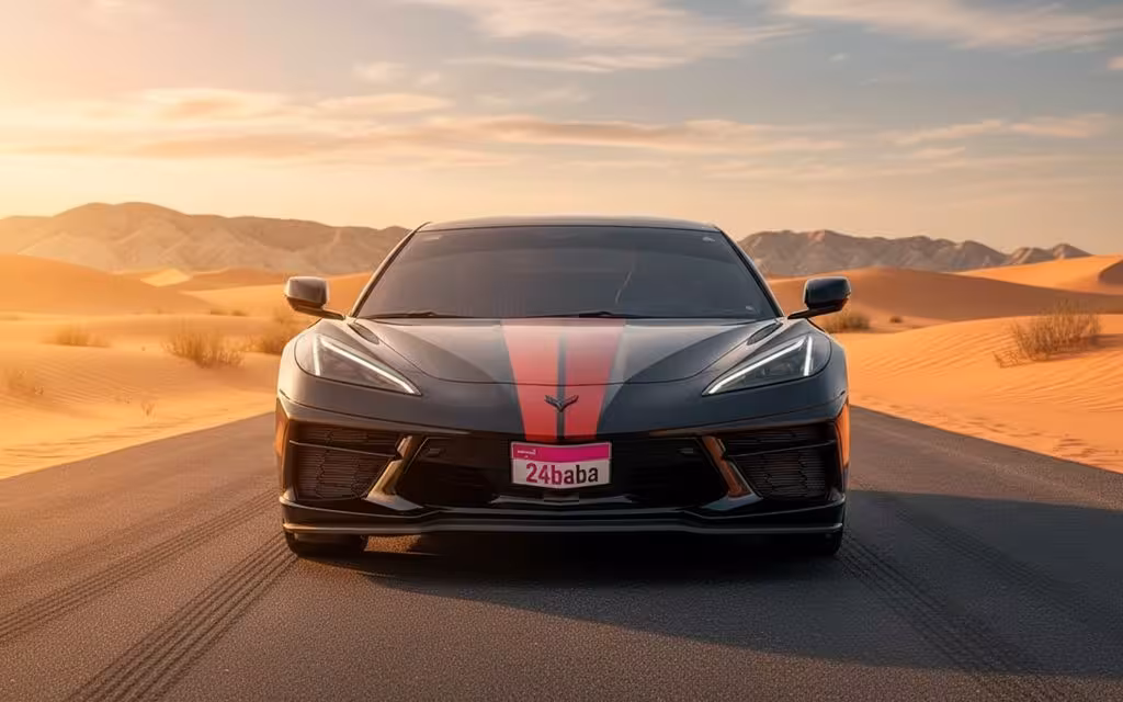 Chevrolet Corvette 2021 Black front view with headlights – rental in Dubai