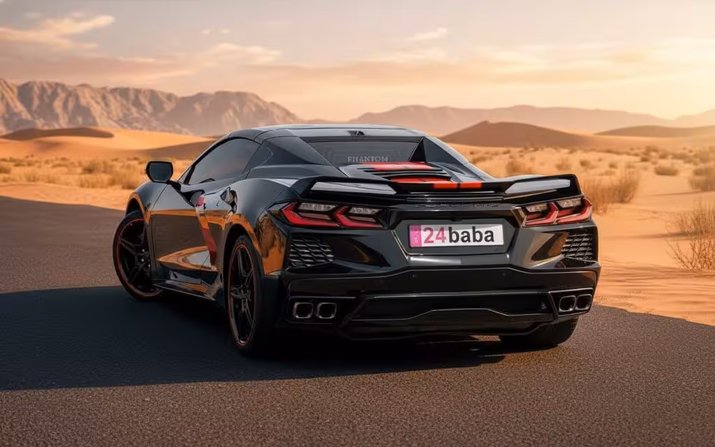 Chevrolet Corvette 2021 Black rear view showing taillights – rental in Dubai