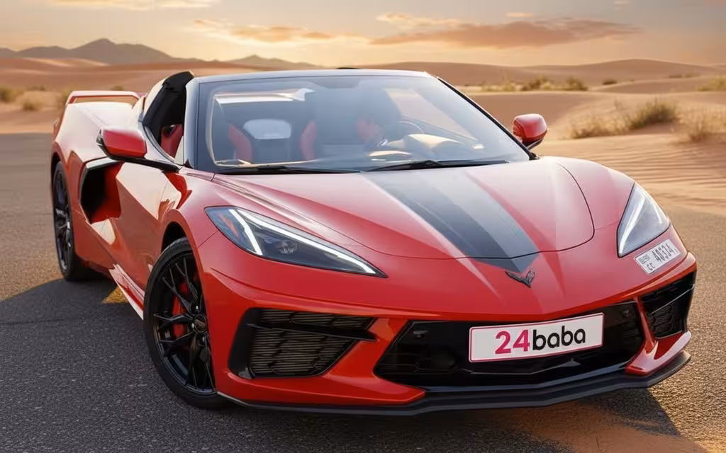 Chevrolet Corvette 2023 Red parked outdoor scene – rental in Dubai