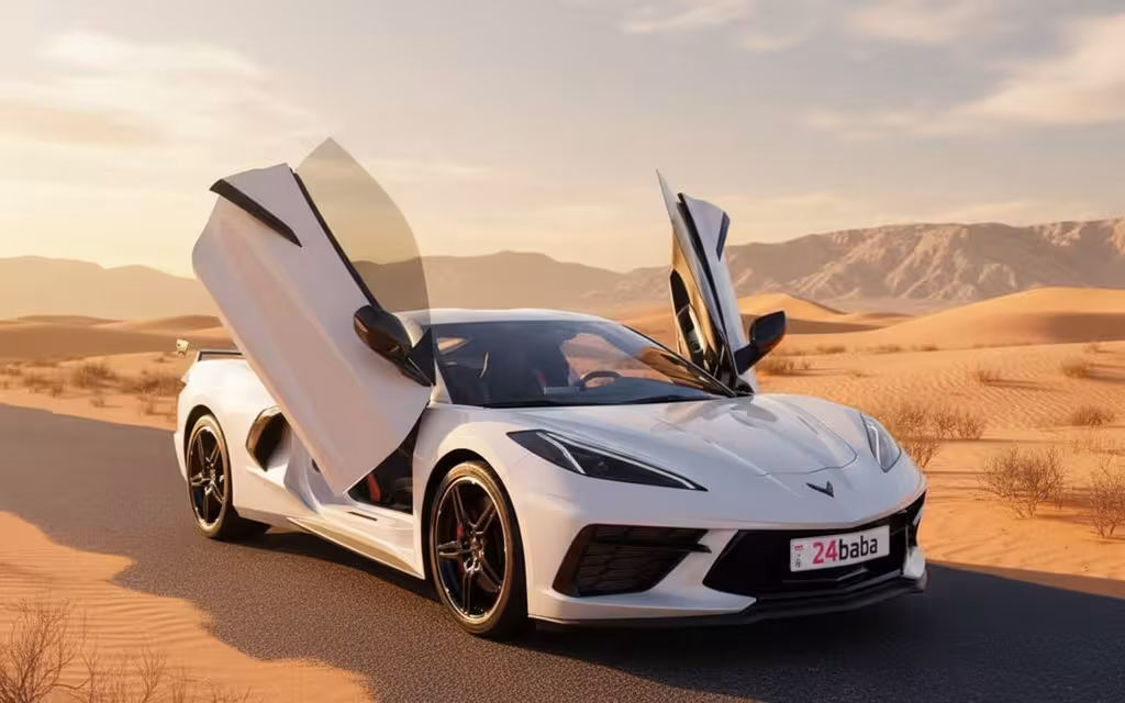 Chevrolet Corvette 2024 White front view with headlights – rental in Dubai