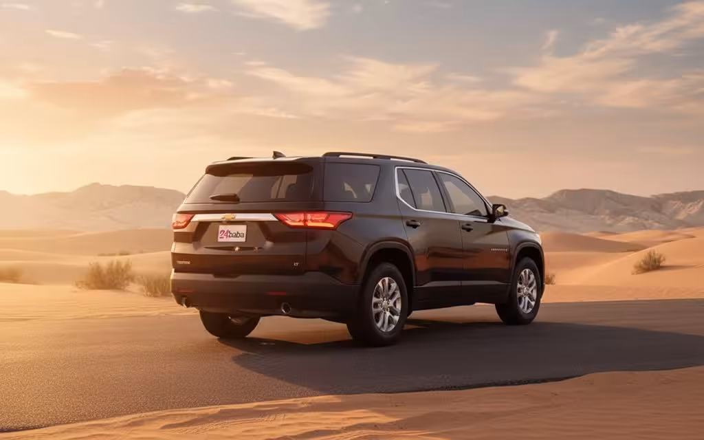 Chevrolet Traverse 2022 Black rear view showing taillights – rental in Dubai
