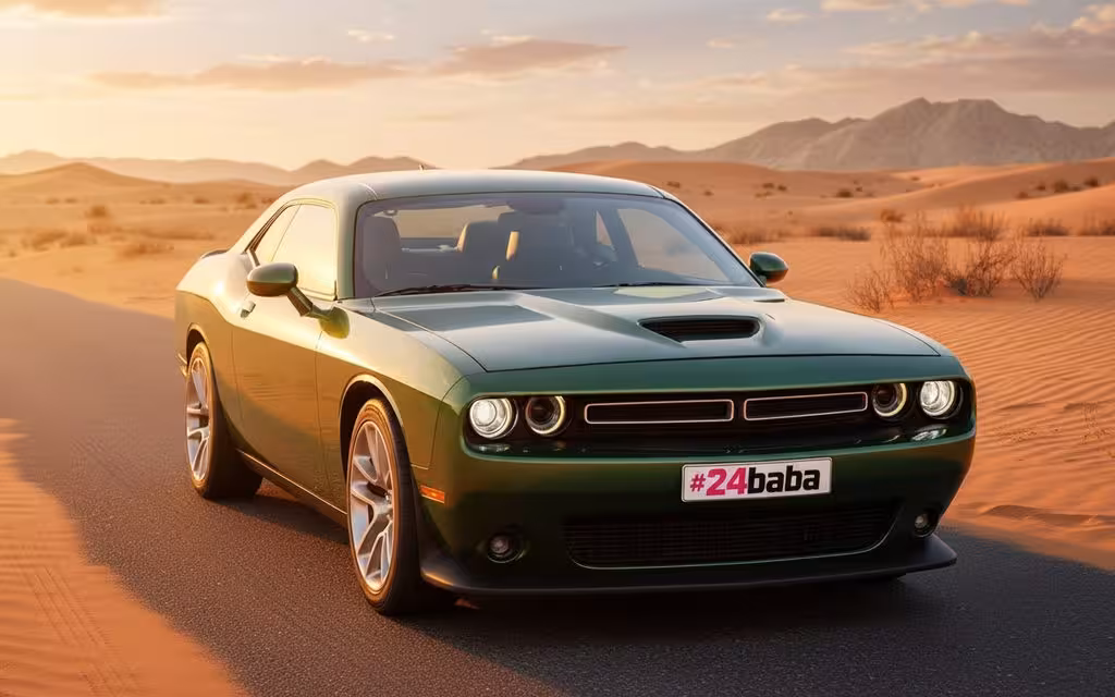 Dodge Challenger 2020 Green parked outdoor scene – rental in Dubai