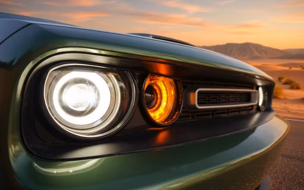 Dodge Challenger 2020 Green front view with headlights – rental in Dubai