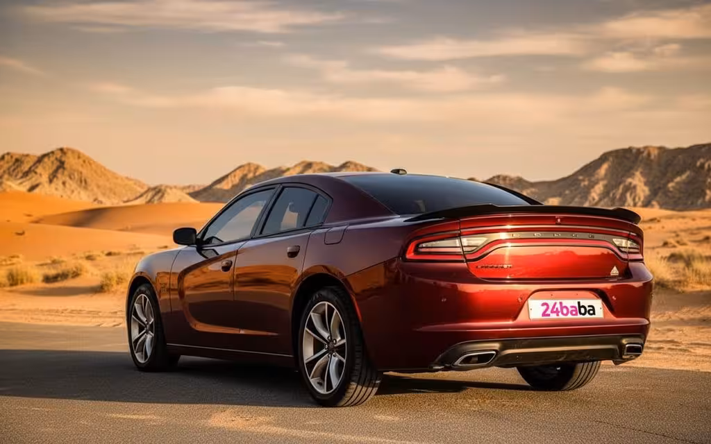 Dodge Charger 2021 Red rear view showing taillights – rental in Dubai