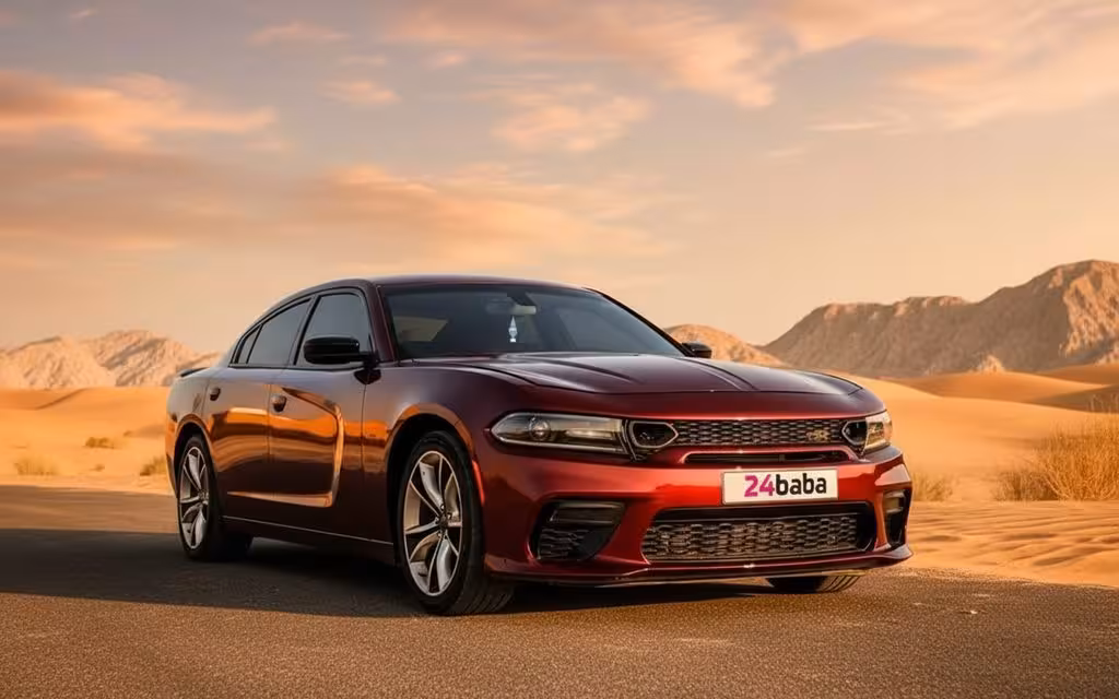 Dodge Charger 2021 Red front view with headlights – rental in Dubai