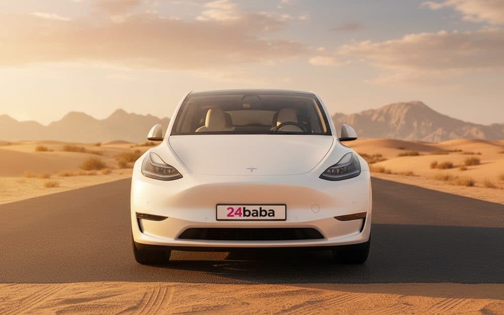 Tesla Model Y 2022 White front view with headlights