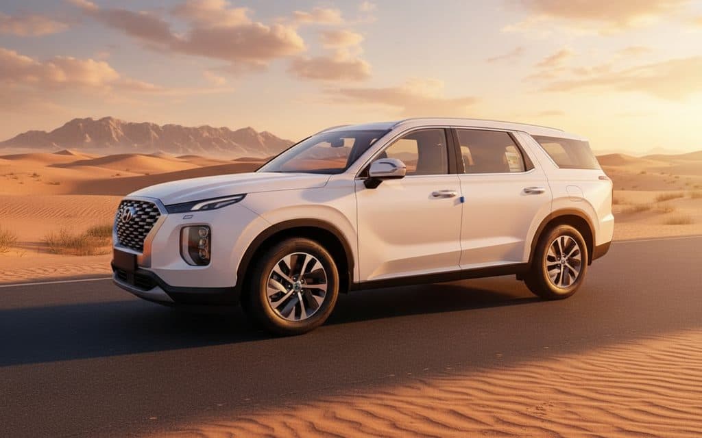 Hyundai Palisade 2022 White front view with headlights – rental in Dubai