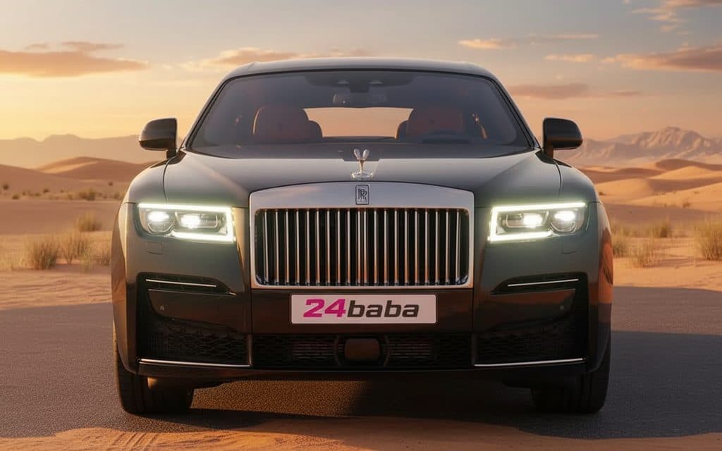 RollsRoyce Ghost 2023 Black front view with headlights