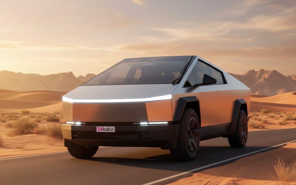 Tesla Cybertruck 2024 Silver front view with headlights