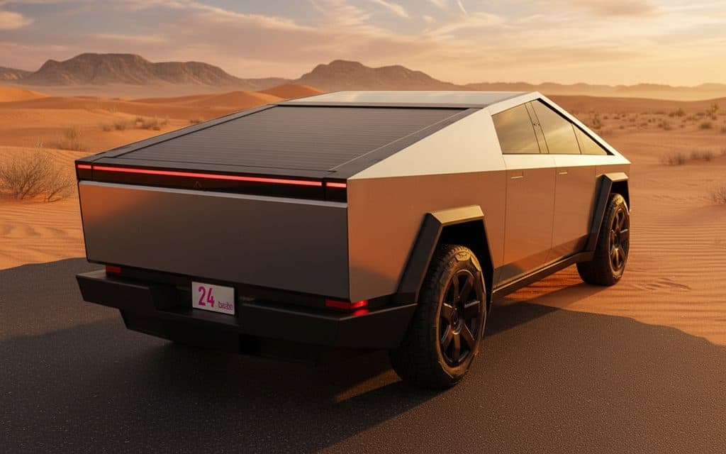 Tesla Cybertruck 2024 Silver rear view showing taillights