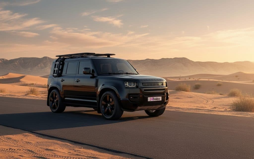 Land Rover Defender 2023 Black front view with headlights