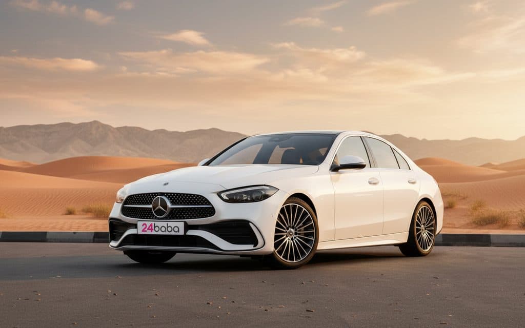 Mercedes C200 2024 White front view with headlights