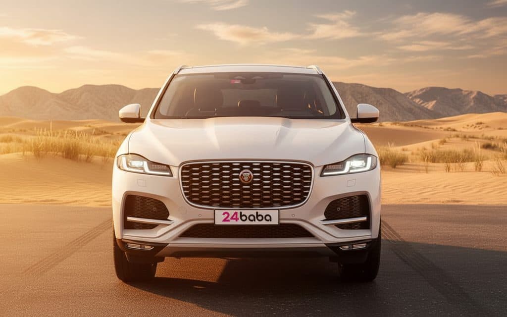 Jaguar E Pace 2022 White front view with headlights – rental in Dubai