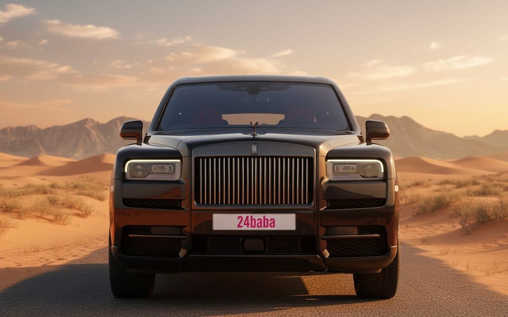 RollsRoyce Cullinan 2024 Black front view with headlights – rental in Dubai