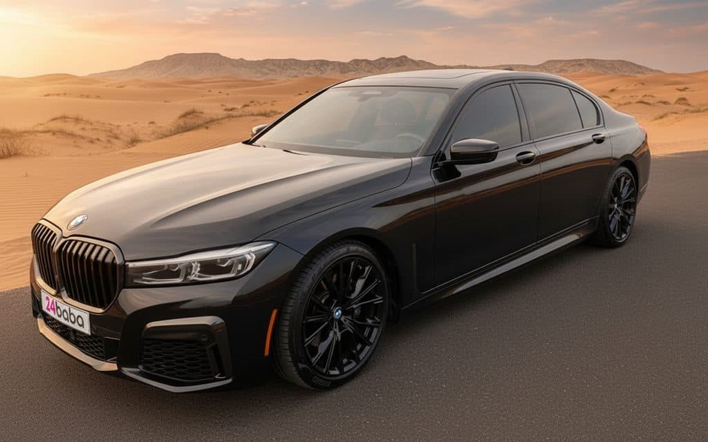 Bmw 740 2022 Black front view with headlights