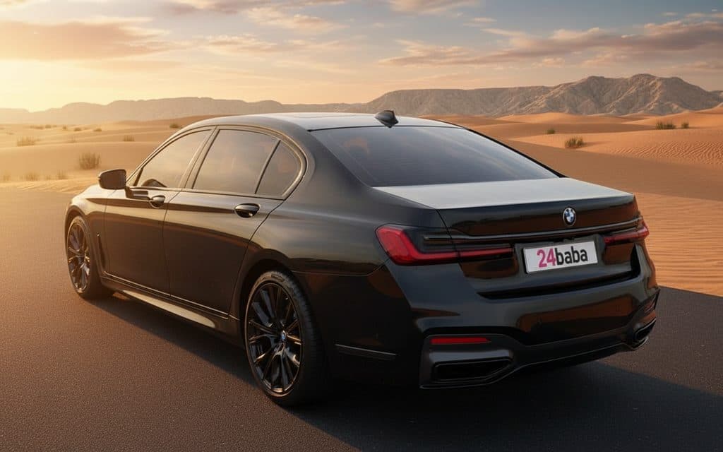 Bmw 740 2022 Black rear view showing taillights