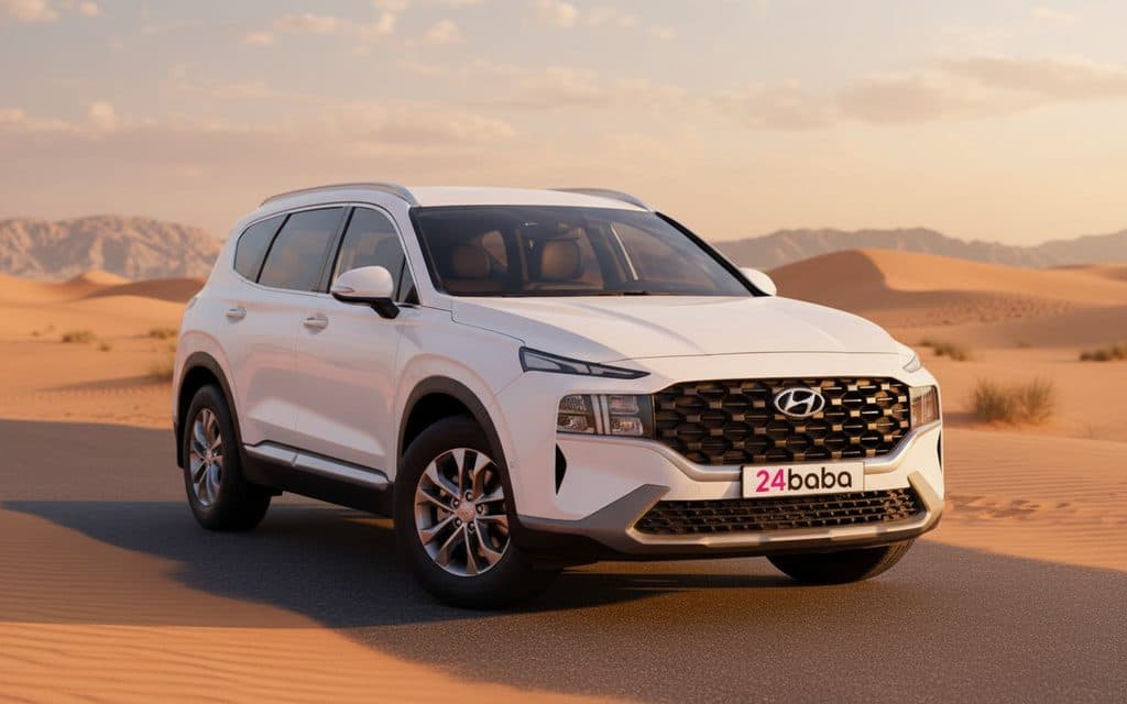 Hyundai SantaFe 2023 White front view with headlights – rental in Dubai