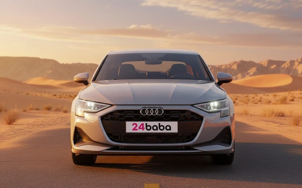 Audi A3 2025 Grey front view with headlights – rental in Dubai