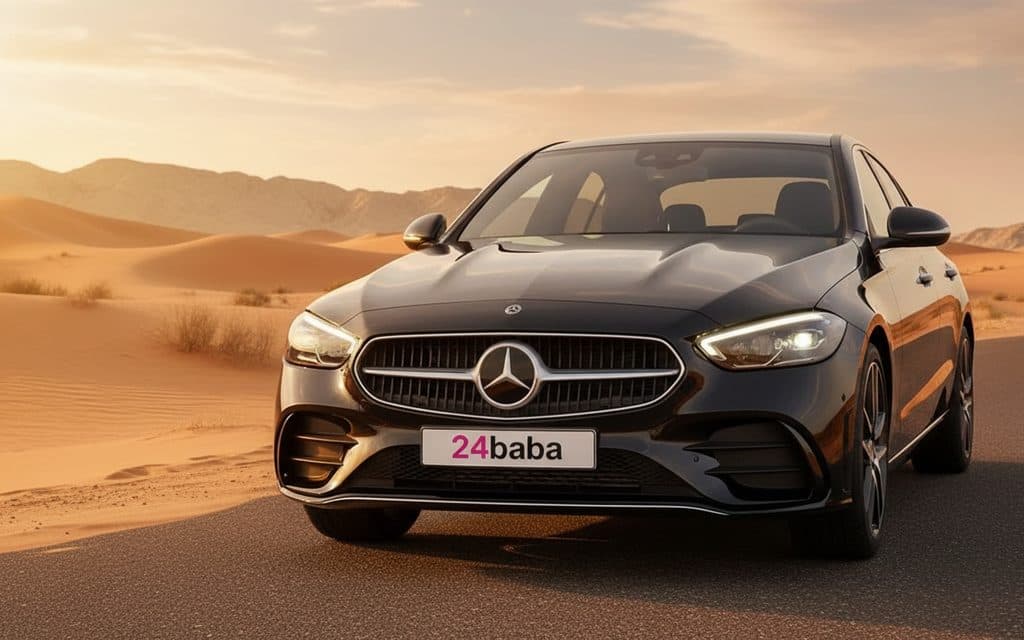 Mercedes C200 2024 Black front view with headlights