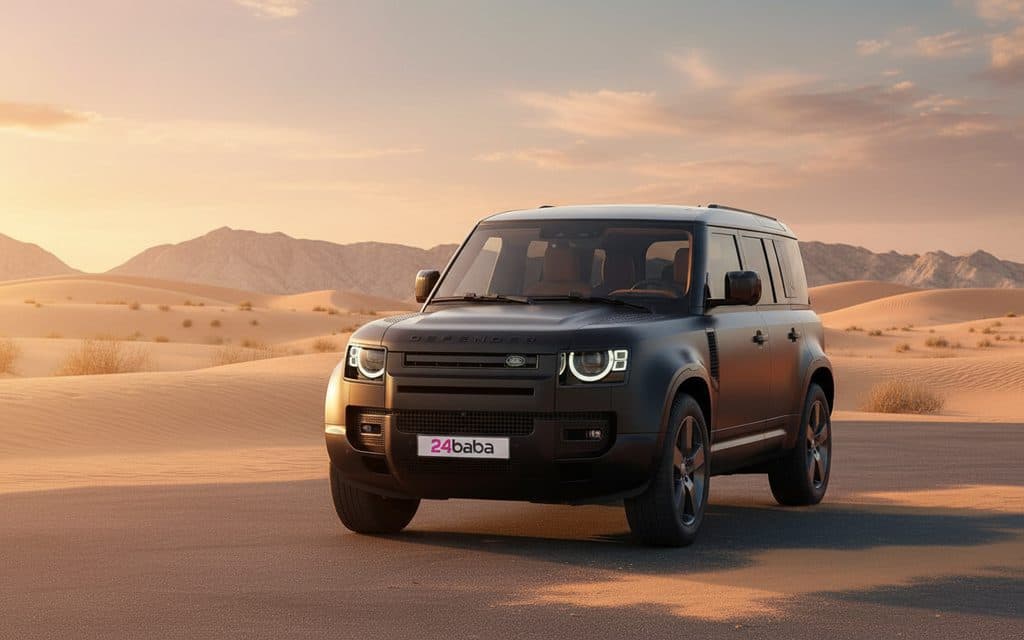 LandRover Defender 2023 Black front view with headlights