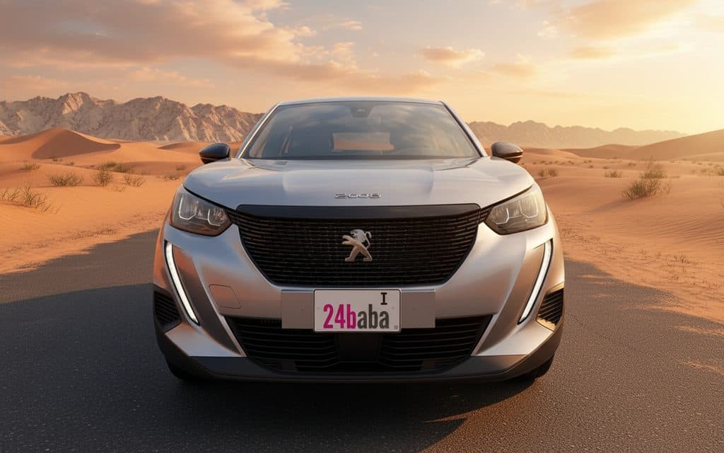 Peugeot 2008 2023 Silver front view with headlights – rental in Dubai