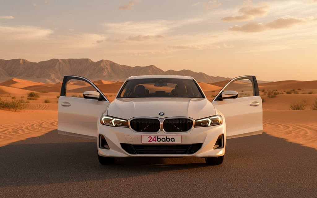 Bmw 330 2023 White front view with headlights