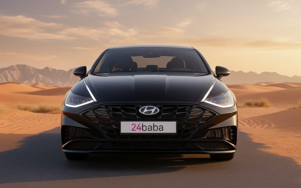 Hyundai Sonata 2022 Black front view with headlights – rental in Dubai