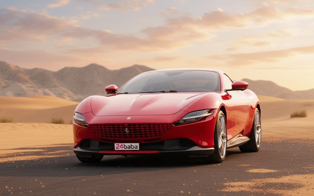 Ferrari Roma 2021 Red front view with headlights – rental in Dubai