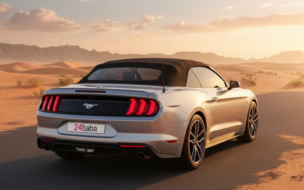 Ford Mustang 2023 Silver rear view showing taillights – rental in Dubai