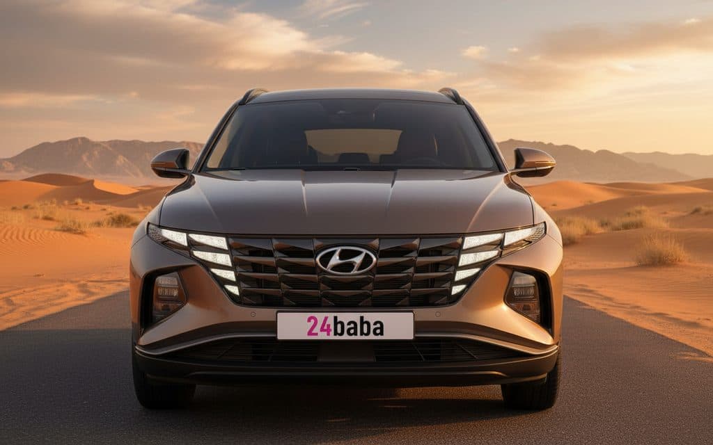 Hyundai Tucson 2022 Grey front view with headlights – rental in Dubai