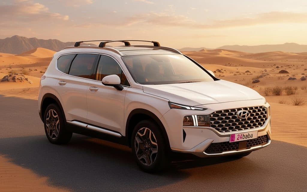 Hyundai SantaFe 2022 White front view with headlights – rental in Dubai