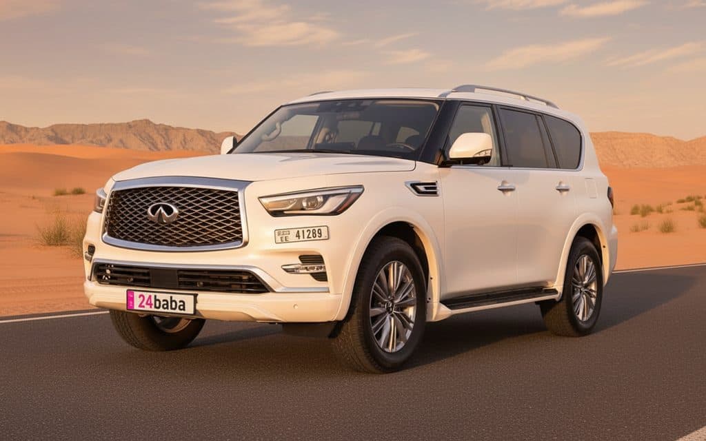 Infiniti Qx80 2024 White rental in Dubai