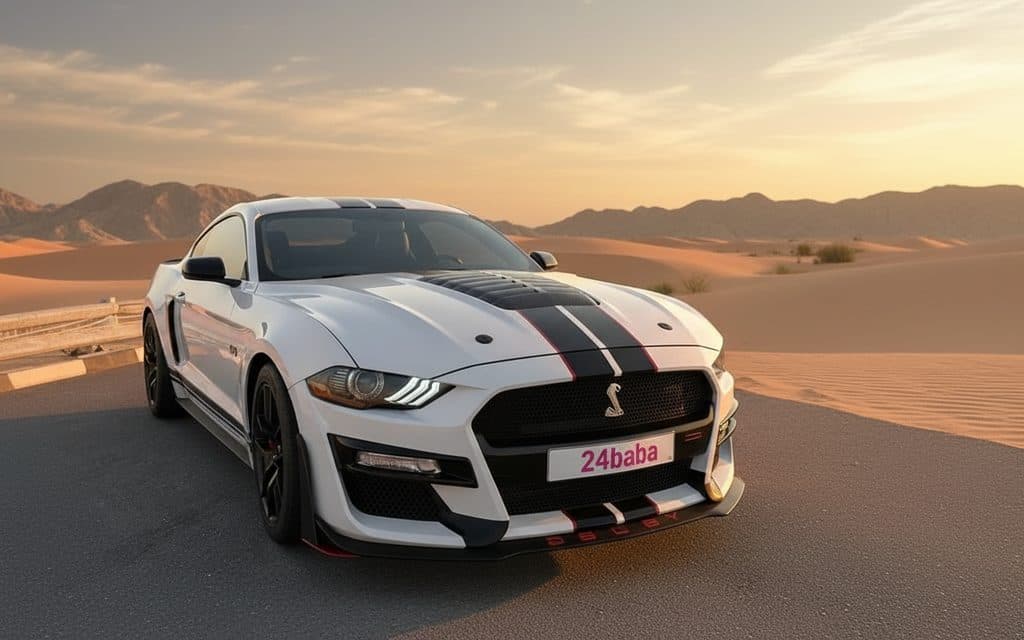 Ford Mustang 2022 White front view with headlights – rental in Dubai