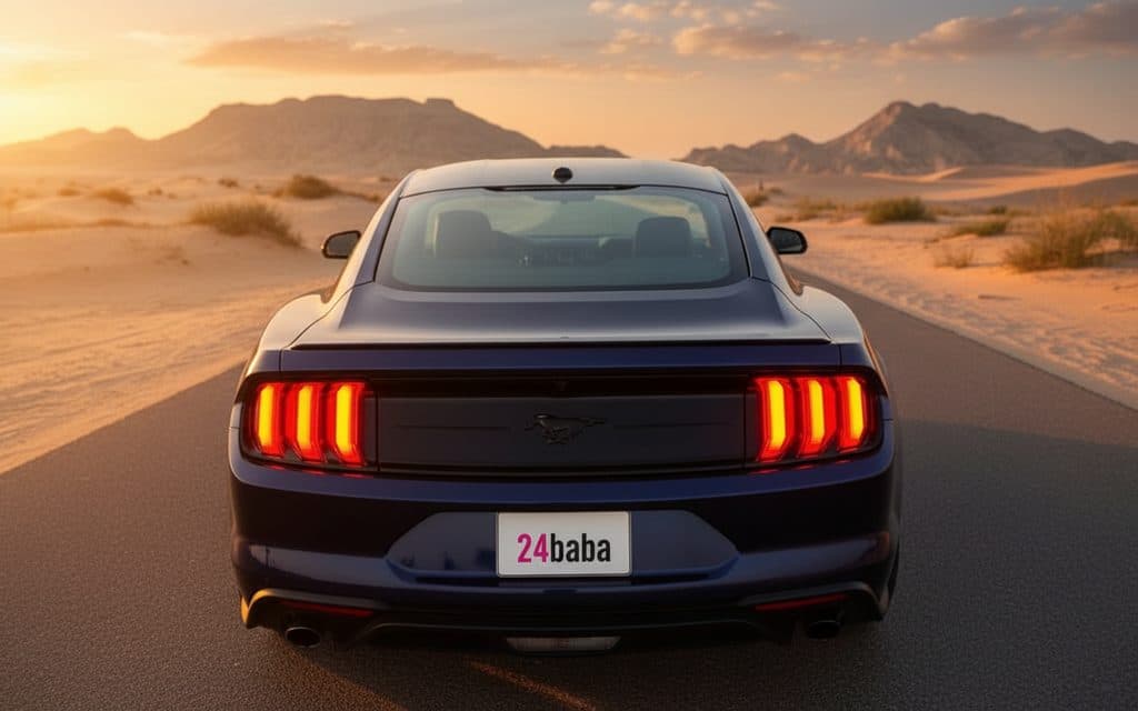 Ford Mustang 2020 Blue rear view showing taillights – rental in Dubai Ford Mustang 2020 Blue rear view showing taillights – rental in Dubai