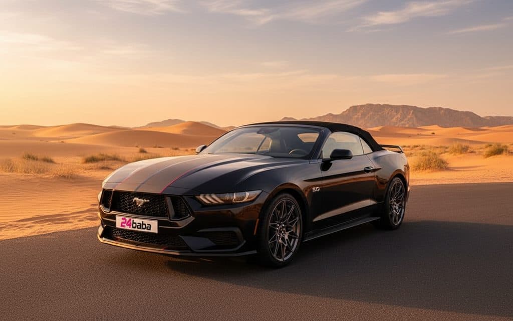 Ford Mustang 2024 Black front view with headlights – rental in Dubai Ford Mustang 2024 Black front view with headlights – rental in Dubai