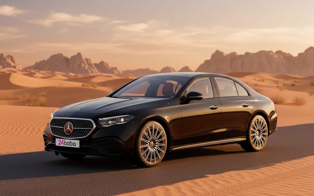 Mercedes E200 2025 Black front view with headlights