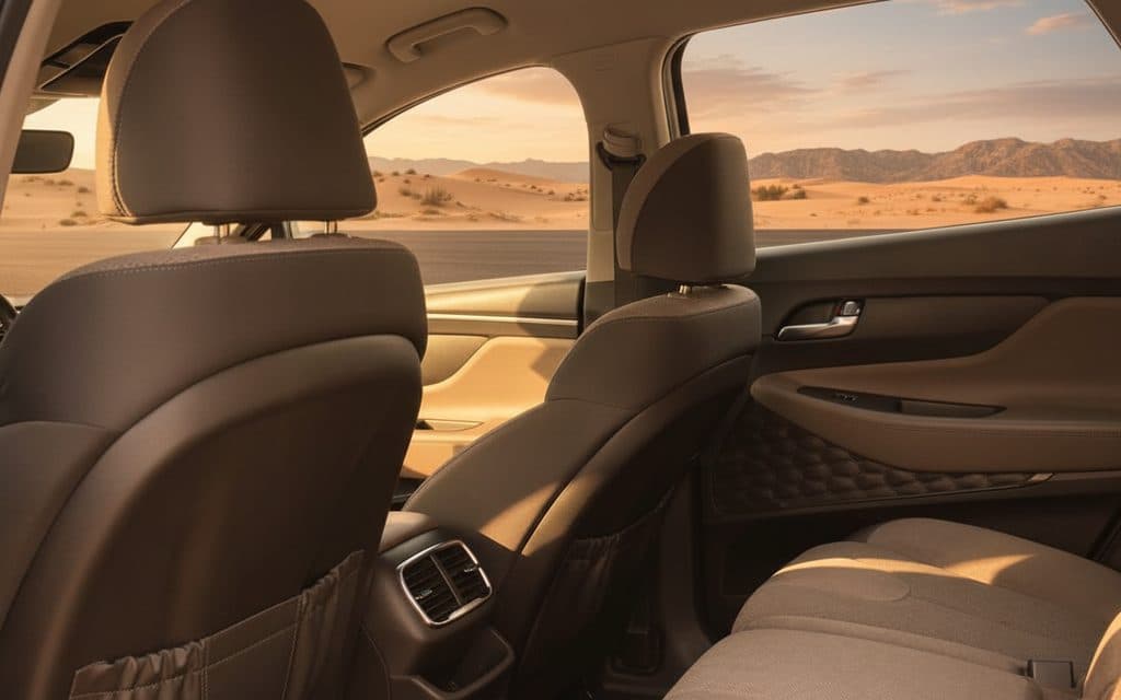 Hyundai SantaFe 2022 leather seats and cabin – rental in Dubai Hyundai SantaFe 2022 leather seats and cabin – rental in Dubai