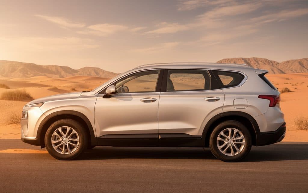 Hyundai SantaFe 2022 Silver side profile – rental in Dubai Hyundai SantaFe 2022 Silver side profile – rental in Dubai