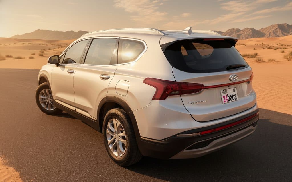 Hyundai SantaFe 2022 Silver rear view showing taillights – rental in Dubai Hyundai SantaFe 2022 Silver rear view showing taillights – rental in Dubai