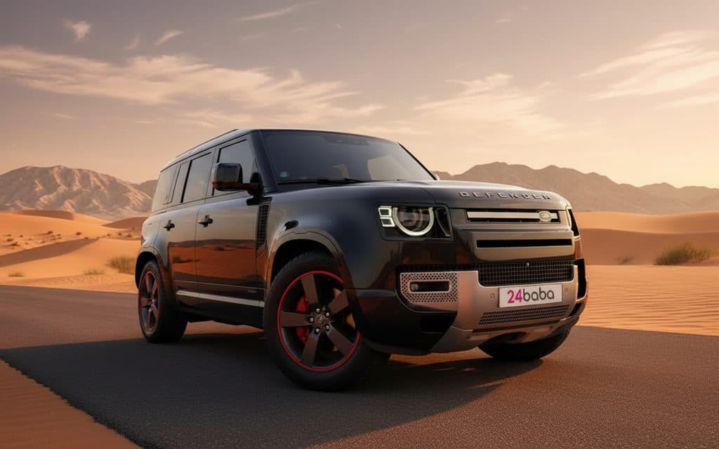 LandRover Defender 2023 Black front view with headlights